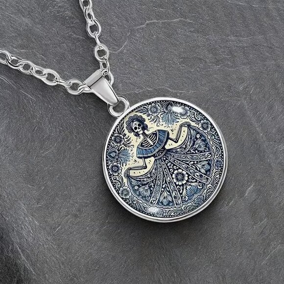 Silver Skeleton Day of the Dead Goth Mosaic Style Pendant Necklace - Picture 2 of 5